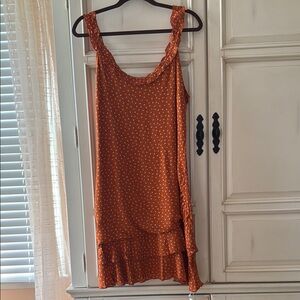 Burnt Orange Sleeveless Asymmetrical Mini Sundress with Ruffled Scoop Neck